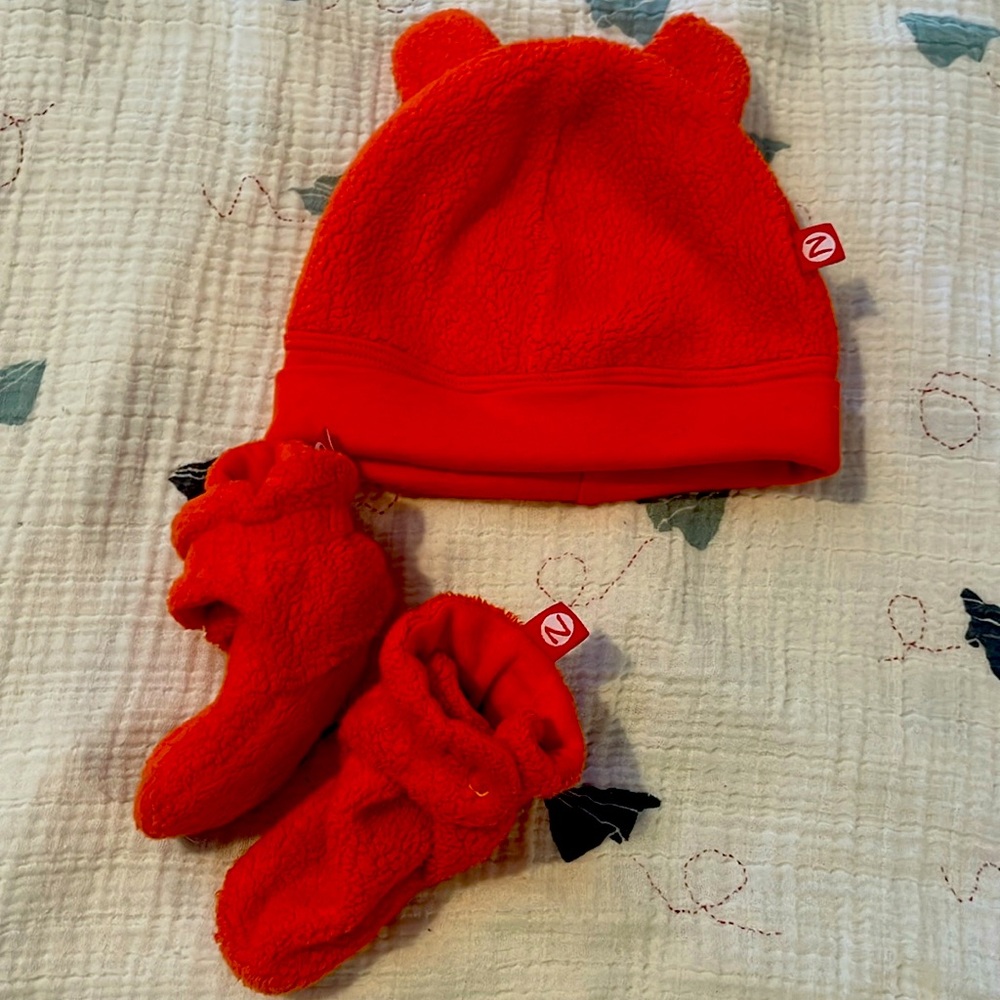 Zutano Orange Fleece Bear Ear Hat & Bootie Set